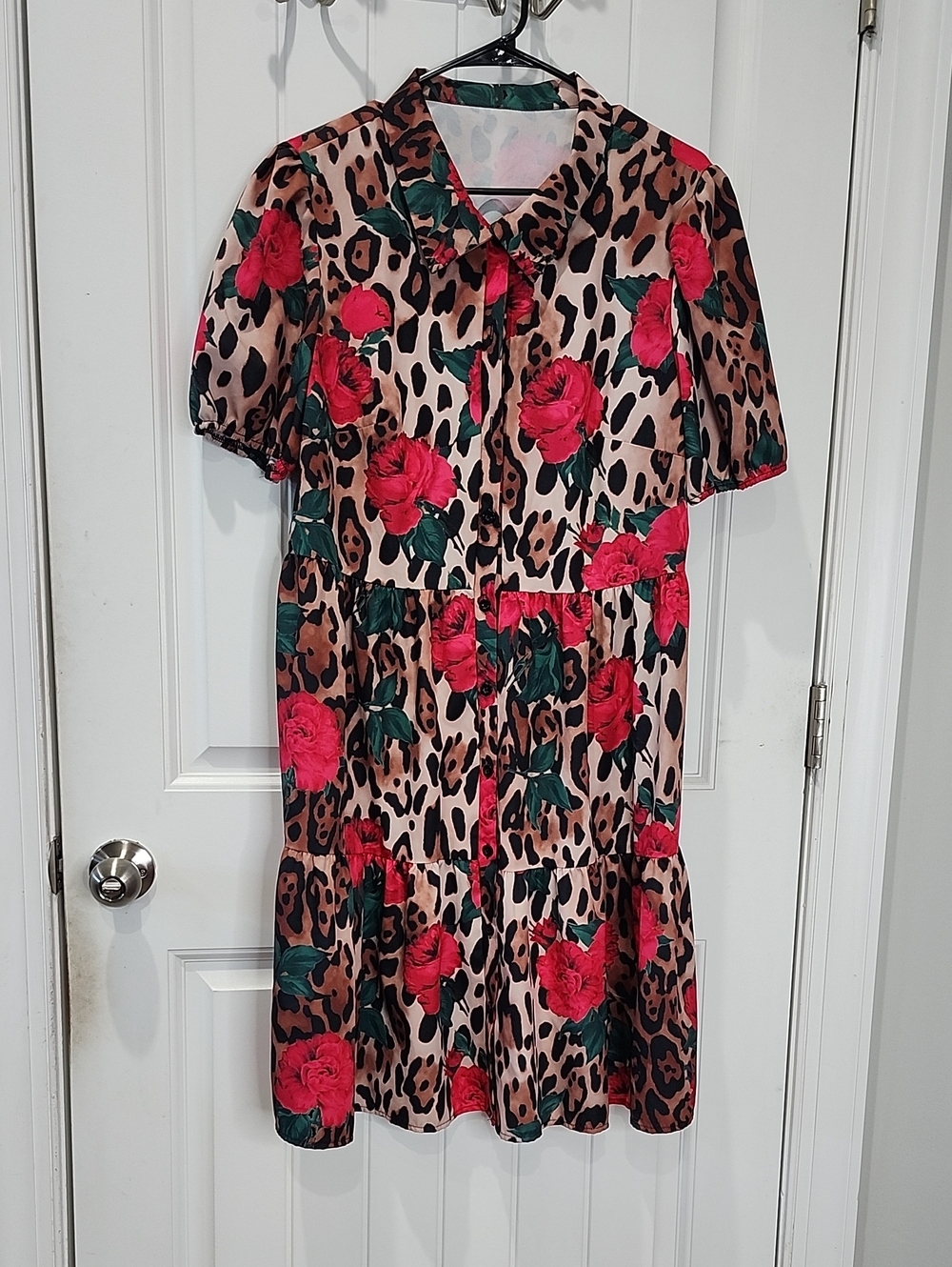 Shein - Floral Leopard Print Tie-Neck Dress in Red and Green - 2XL